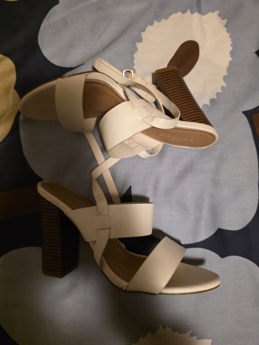 BAMBOO Cream Strappy Block Heel Sandals